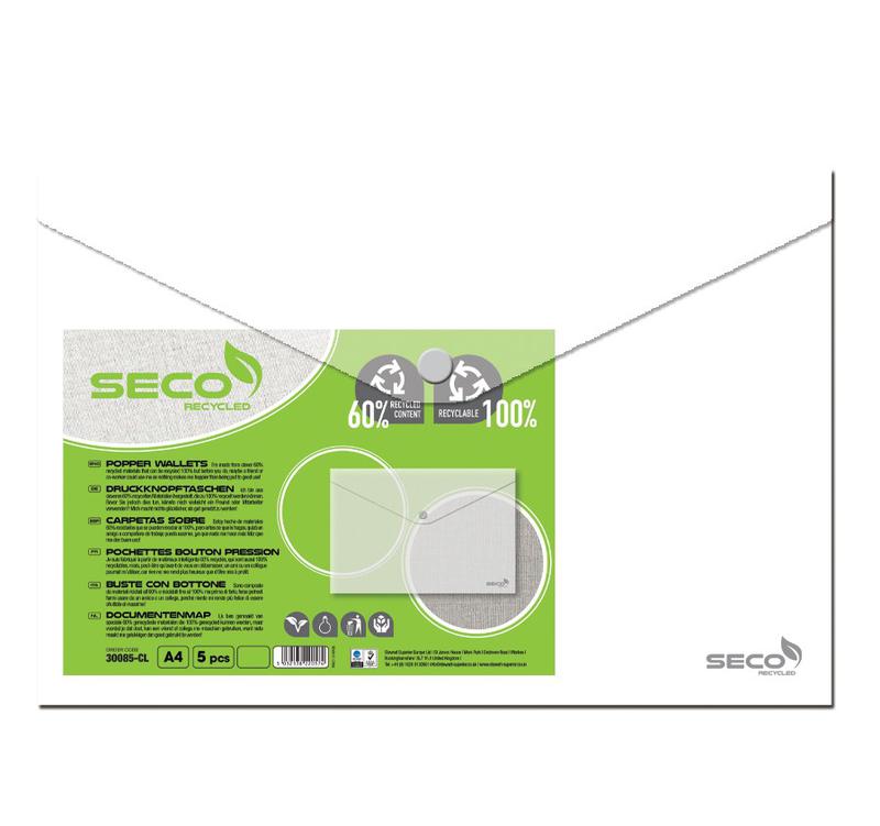 SECO ECO Biodegradable Popper Wallet Polypropylene A4 Clear (Pack 5) - 30085-CL