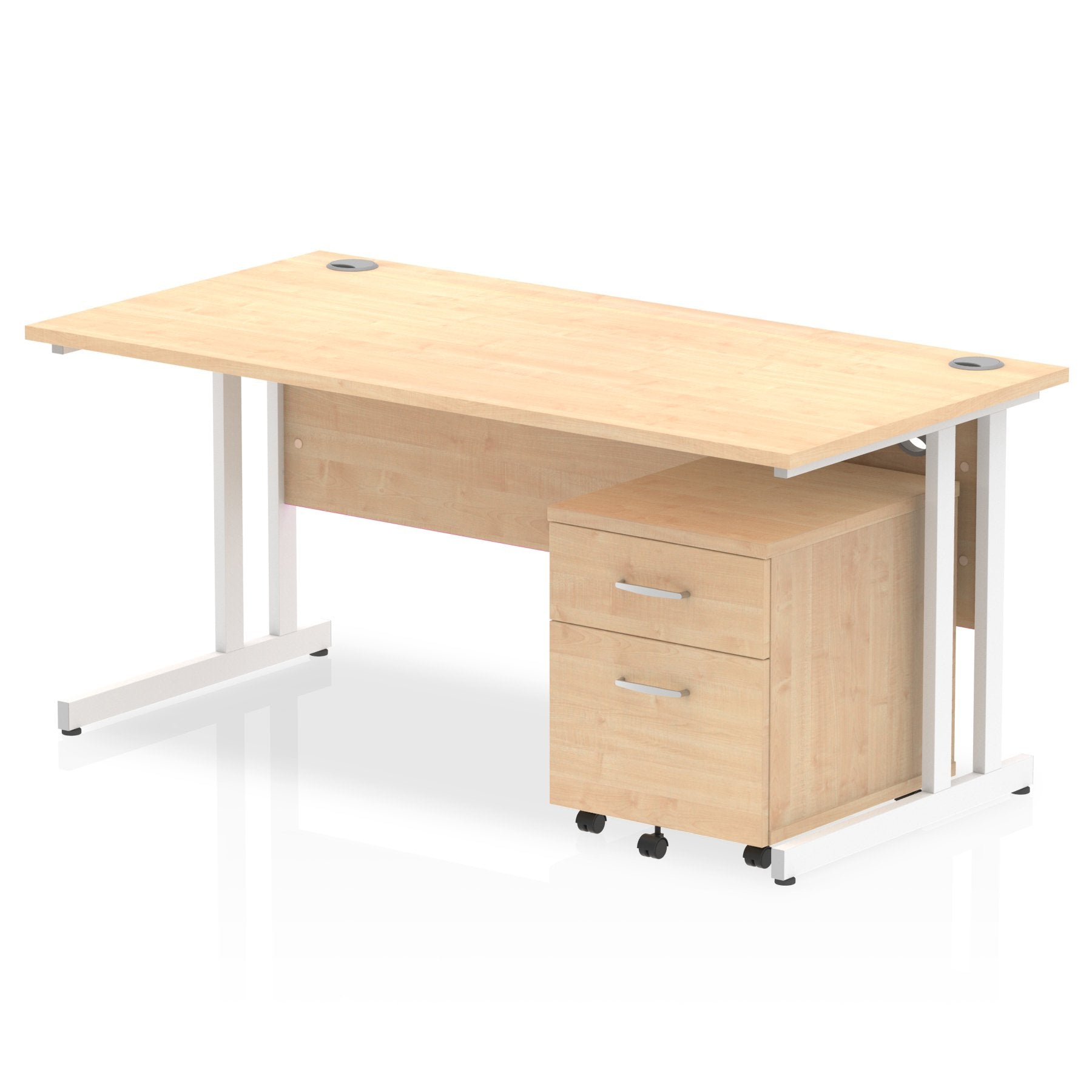 Impulse Cantilever Straight Office Desk W1600 x D800 x H730mm Maple Finish White Frame With 2 Drawer Mobile Pedestal - I003920 DD