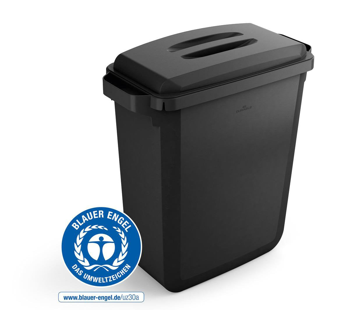 Durable DURABIN ECO 80% Recycled Plastic Waste Recycling Bin 60 Litre Rectangular Black with Black ECO Lid - VEH2022051 DD