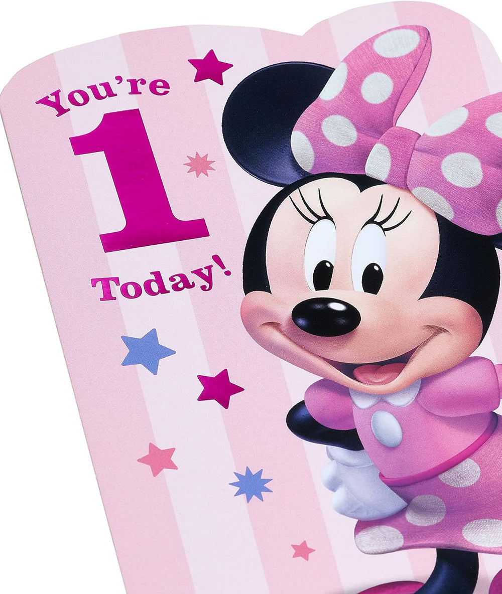 Disney 1st Birthday Card For Her/Girl With Envelope - Pink Design With Minnie Mouse