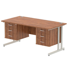 Dynamic Impulse W1600 x D800 x H730mm Straight Office Desk Cantilever Leg With 2x3 Drawer Double Fixed Pedestal Walnut Finish Silver Frame - MI001945 DD