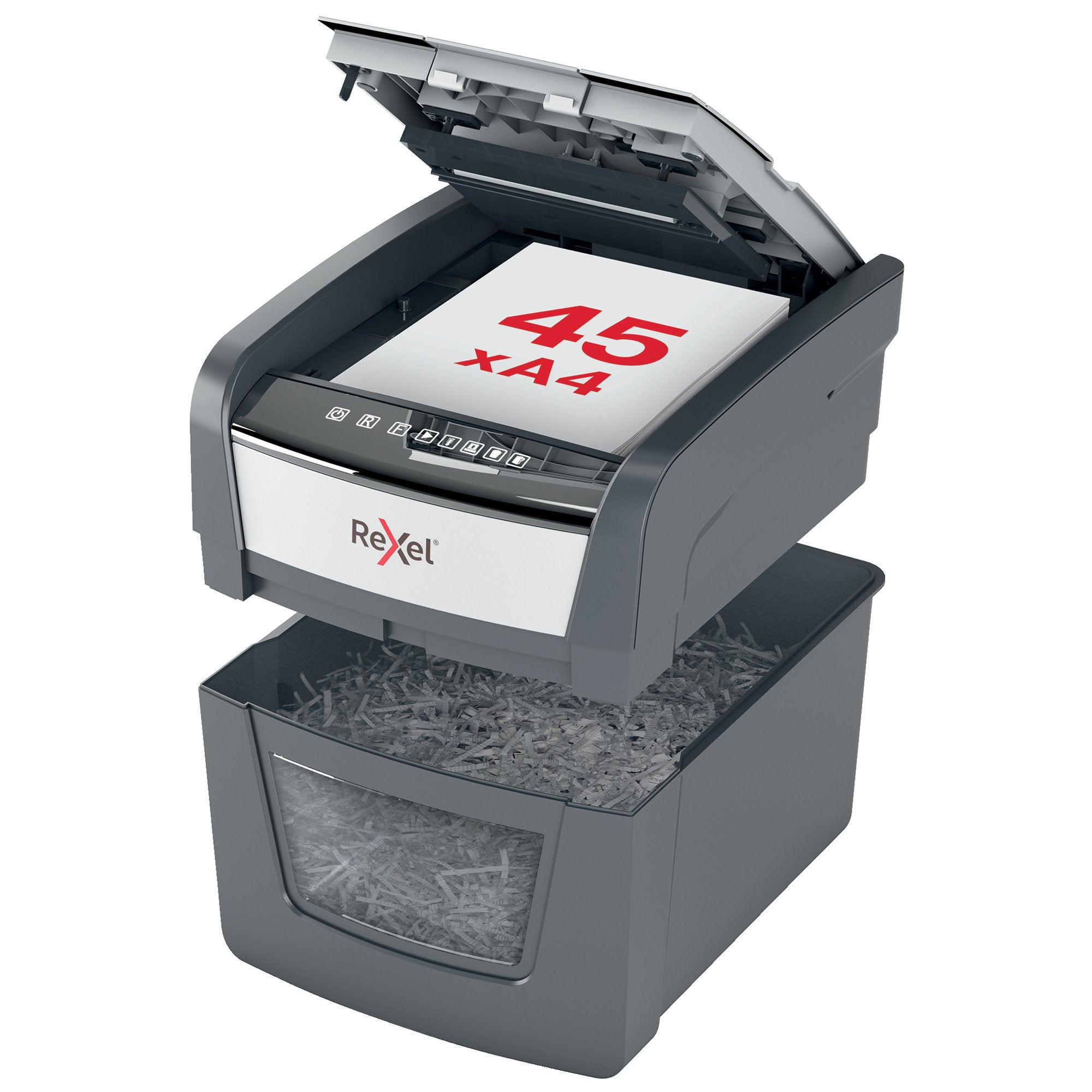 Rexel Optimum AutoFeed 45X Cross Cut Shredder 20 Litre 45 Sheet Automatic/6 Sheet Manual Black 2020045X DD