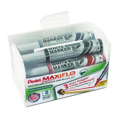 Pentel Maxiflo Whiteboard Marker and Eraser Set Bullet Tip 3mm Line Assorted Colours (Pack 4) - MWL5M/MAG/4-M