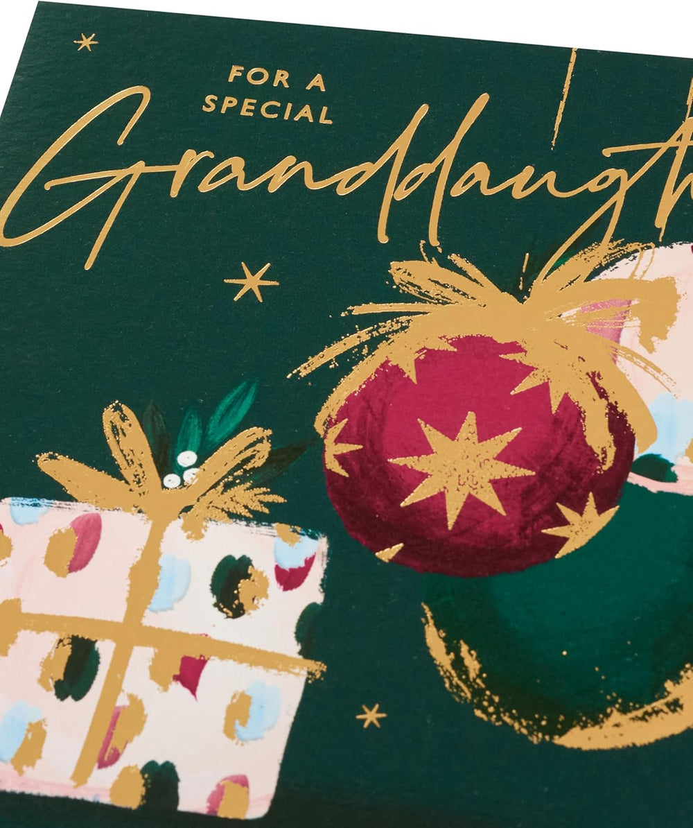 UK Greetings Christmas Card for Granddaughter - Baubles & Present Design