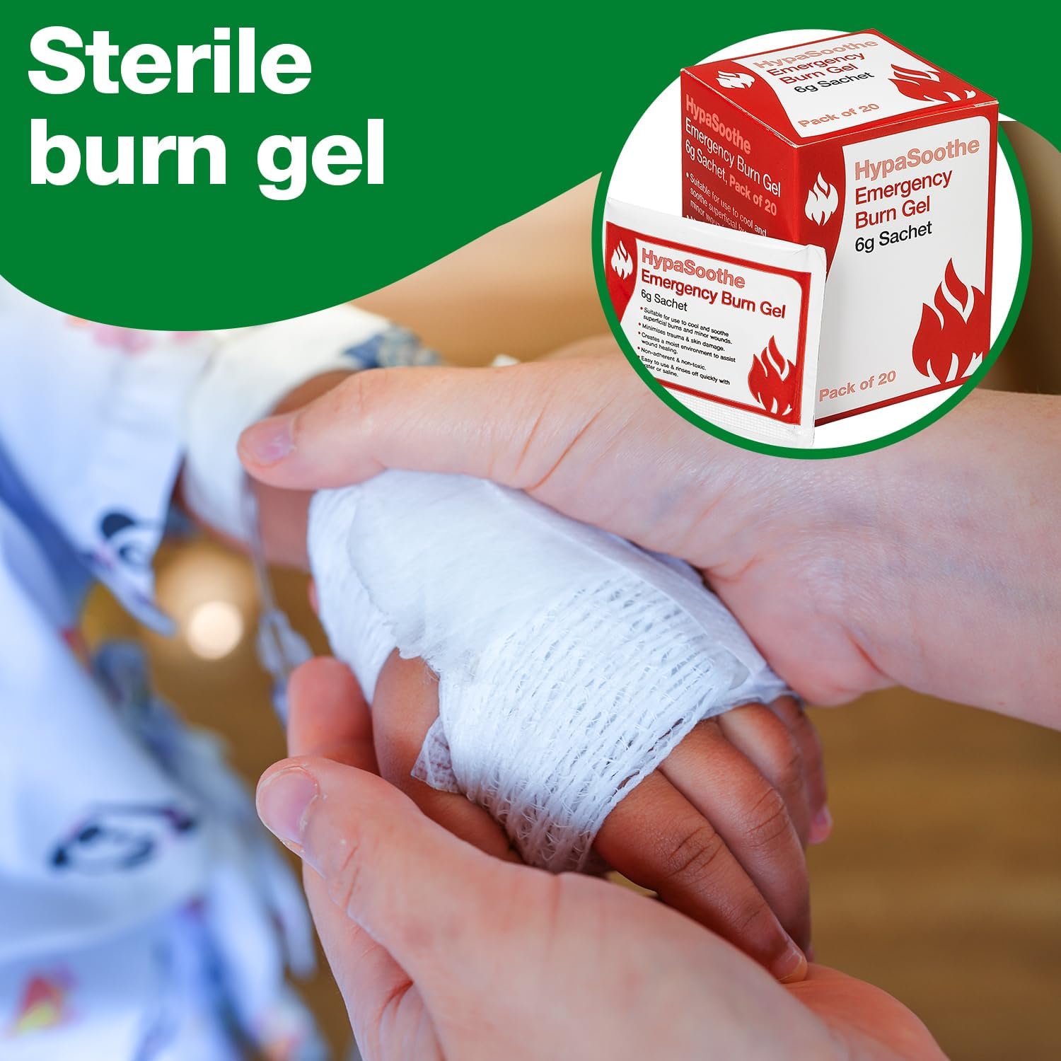 Safety First Aid Group HypaSoothe burn gel sachets pack of 20, 6g each, for emergency skin burn relief.