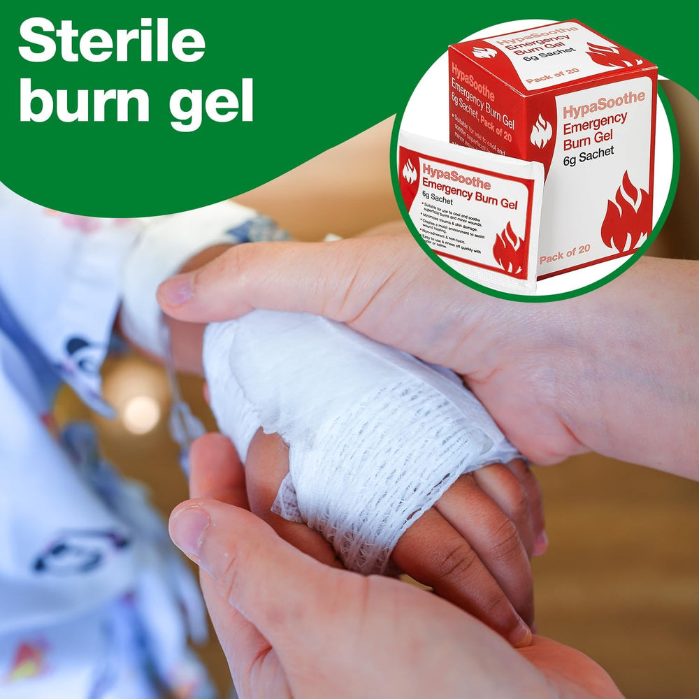 Safety First Aid Group HypaSoothe burn gel sachets pack of 20, 6g each, for emergency skin burn relief.