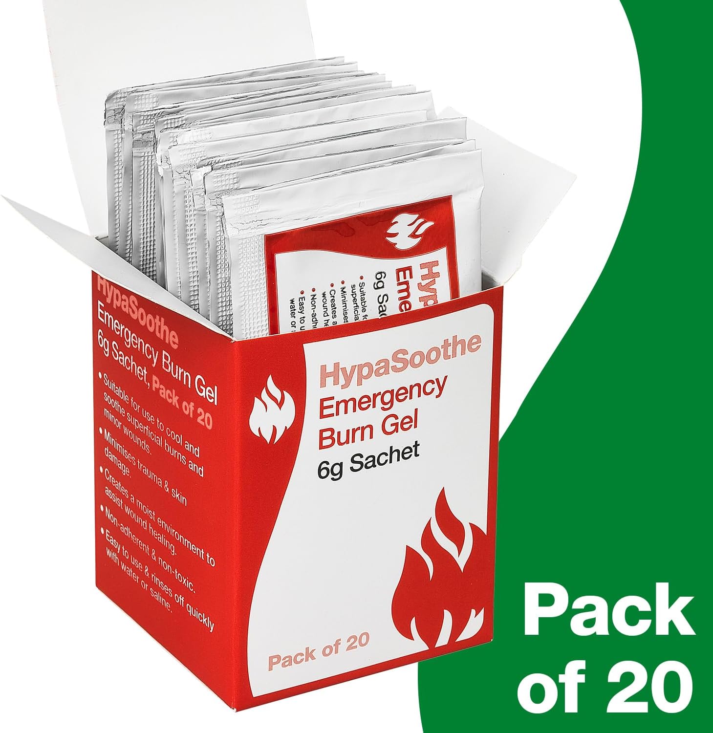 Safety First Aid Group HypaSoothe burn gel sachets, 6g each, in a pack of 20 for emergency first aid burn relief.
