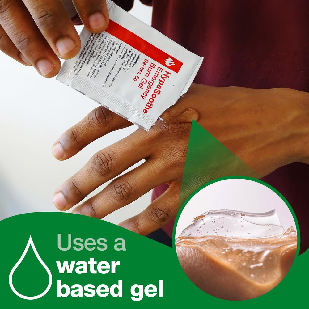Safety First Aid HypaSoothe burn gel sachets, 6g each, in a pack of 20, designed for quick relief of minor burns.