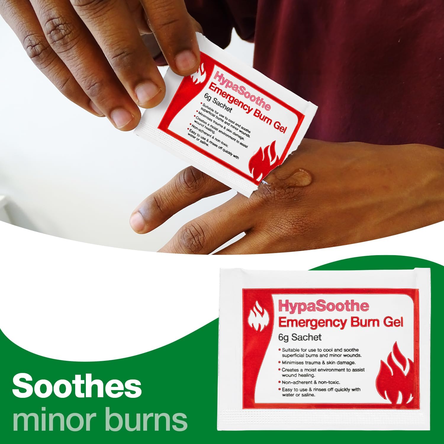 Pack of 20 Safety First Aid HypaSoothe emergency burn gel sachets, 6g each for quick burn relief and first aid treatment.