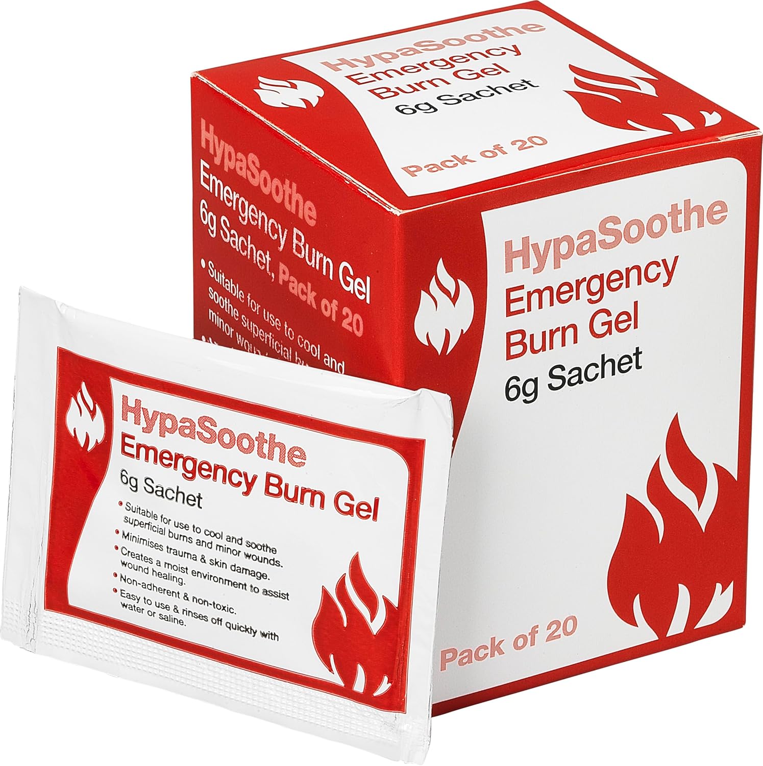 Safety First Aid Group HypaSoothe burn gel sachets, 6g each, in a pack of 20, for emergency burn relief.