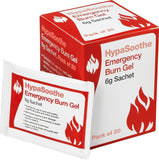 Safety First Aid Group HypaSoothe burn gel sachets, 6g each, in a pack of 20, for emergency burn relief.