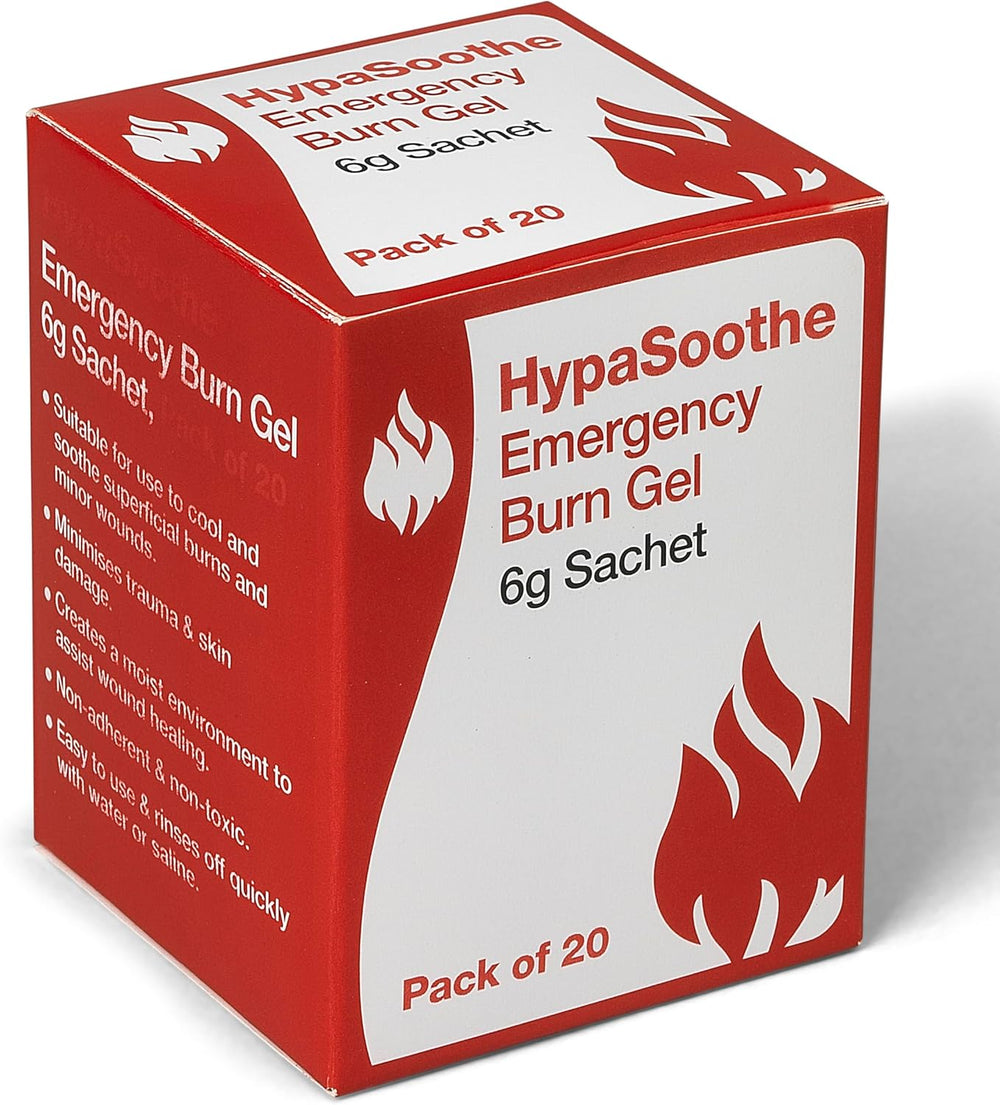 Emergency burn gel sachets by Safety First Aid Group, 20-pack of 6g HypaSoothe burn relief gel sachets for first aid.