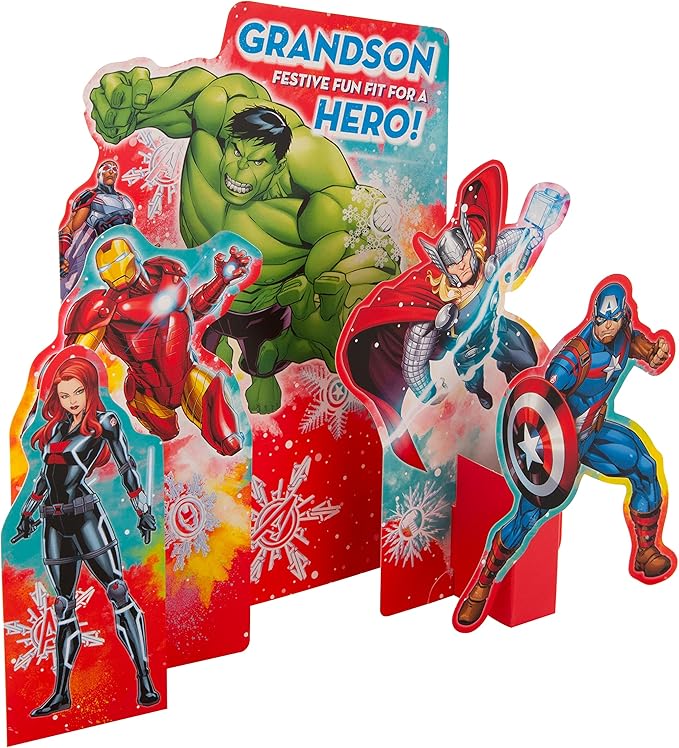 Grandson Christmas Greeting Card Marvel Avengers 3D Pop Up Design with Festive Fun