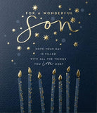 Paperlink Wonderful Son Male Birthday Card for Men/Boys - Candles & Stars with Embossed Gold Foil - Eco-Friendly & Recyclable - Made in England