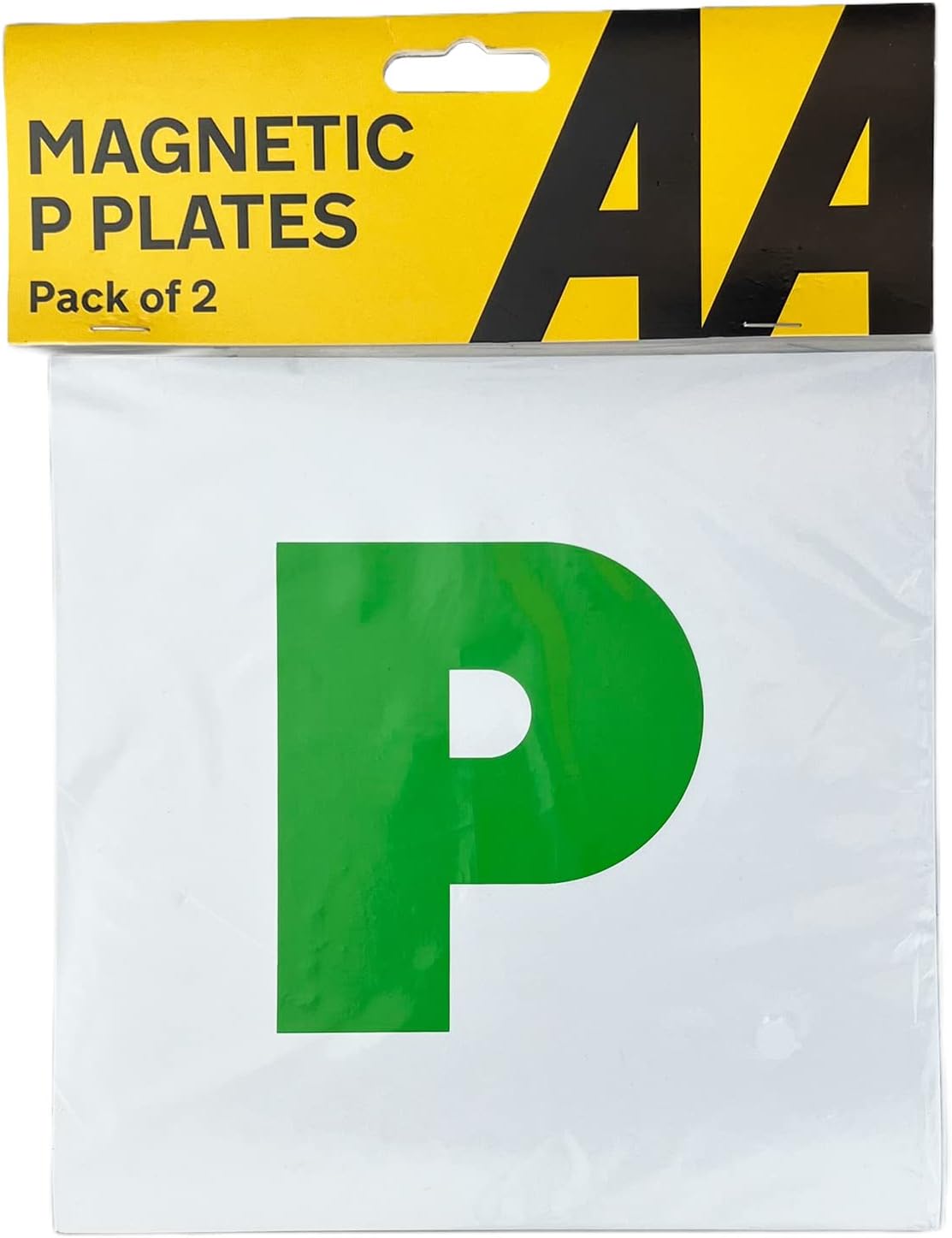 Pair of fully magnetic green P plates for new drivers, universal fit, branded AA, shown attached to a vehicle in this automotive image.