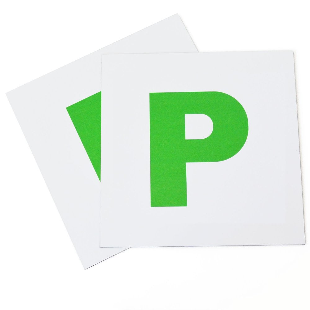Pair of fully magnetic green P plates from AA, universal fit for new drivers, designed for easy attachment to vehicles.