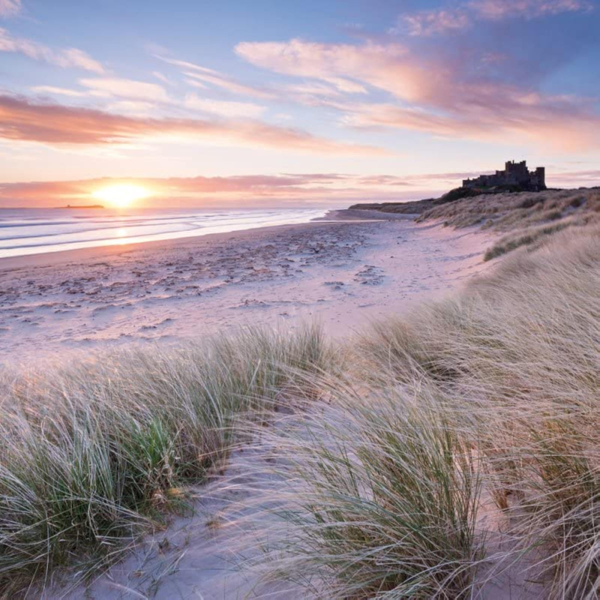 Abacus Cards Bamburgh Beach Castle and Sand Dunes birthday greeting card with colorful beach scene illustration.