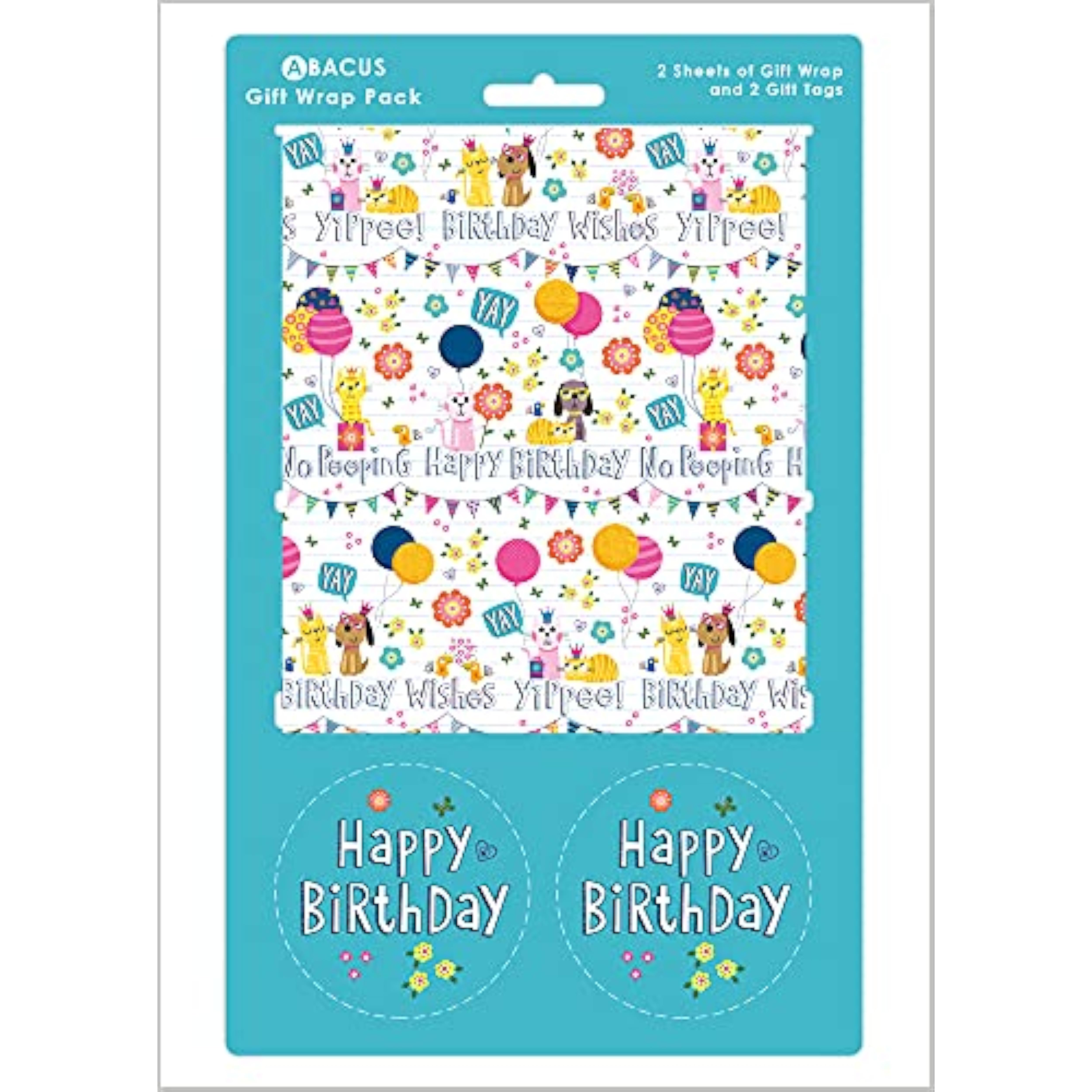 Abacus Cards birthday pet-themed greeting card with gift wrap sheets and tags, featuring colorful animal illustrations.