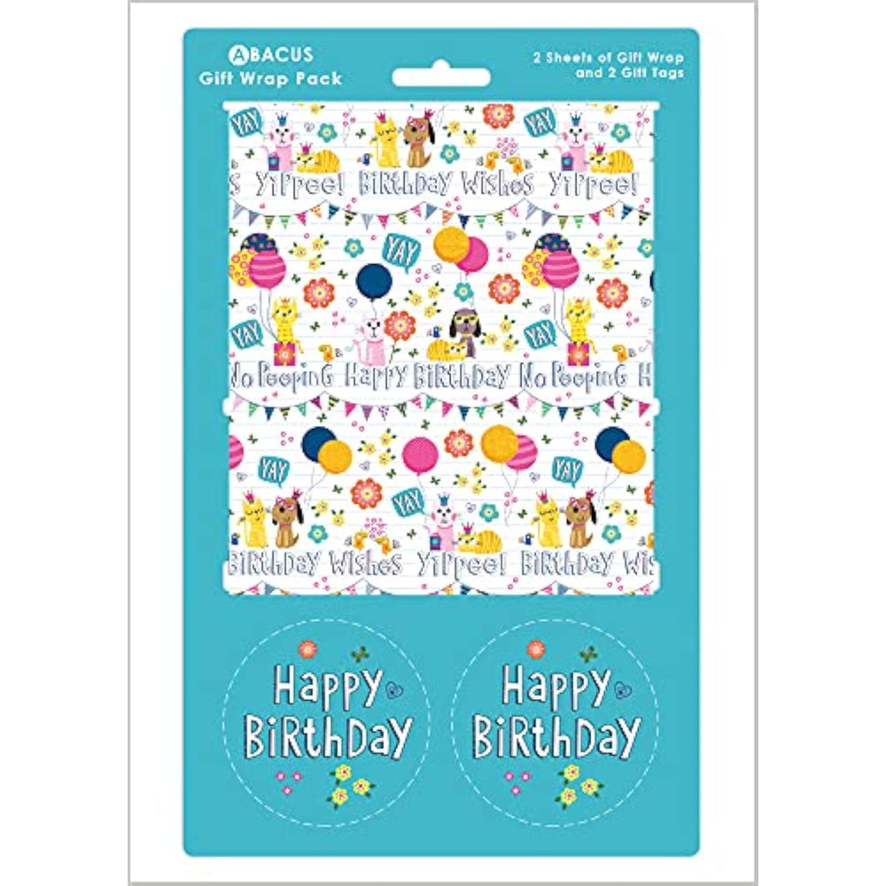 Abacus Cards birthday pet-themed greeting card with gift wrap sheets and tags, featuring colorful animal illustrations.