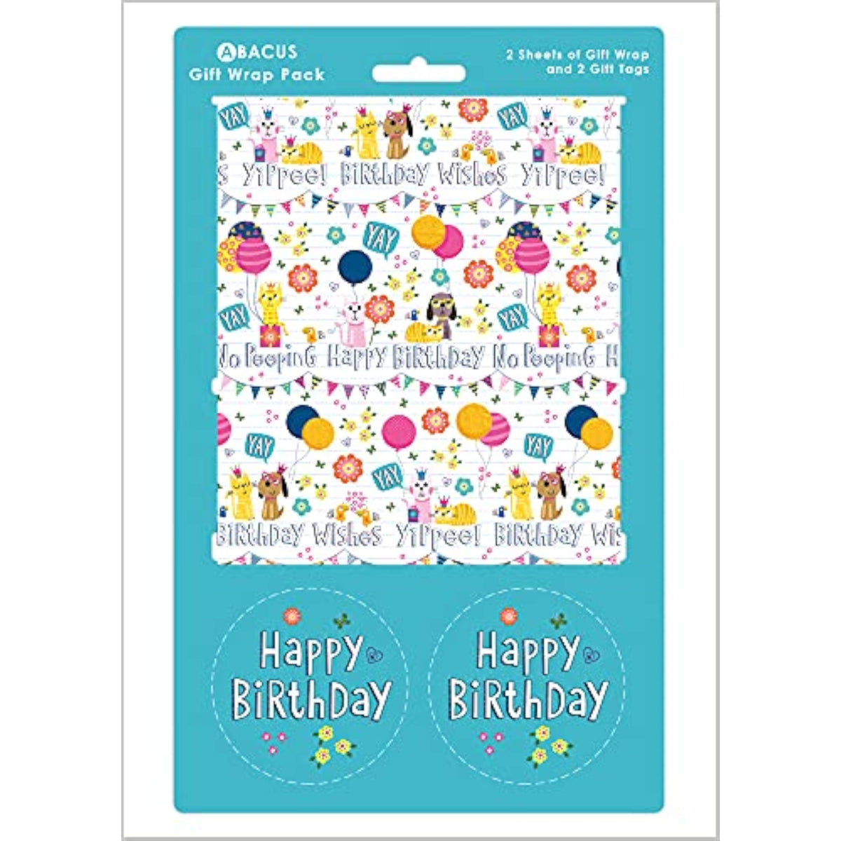 Abacus Cards birthday pet-themed greeting card with gift wrap sheets and tags, featuring colorful animal illustrations.
