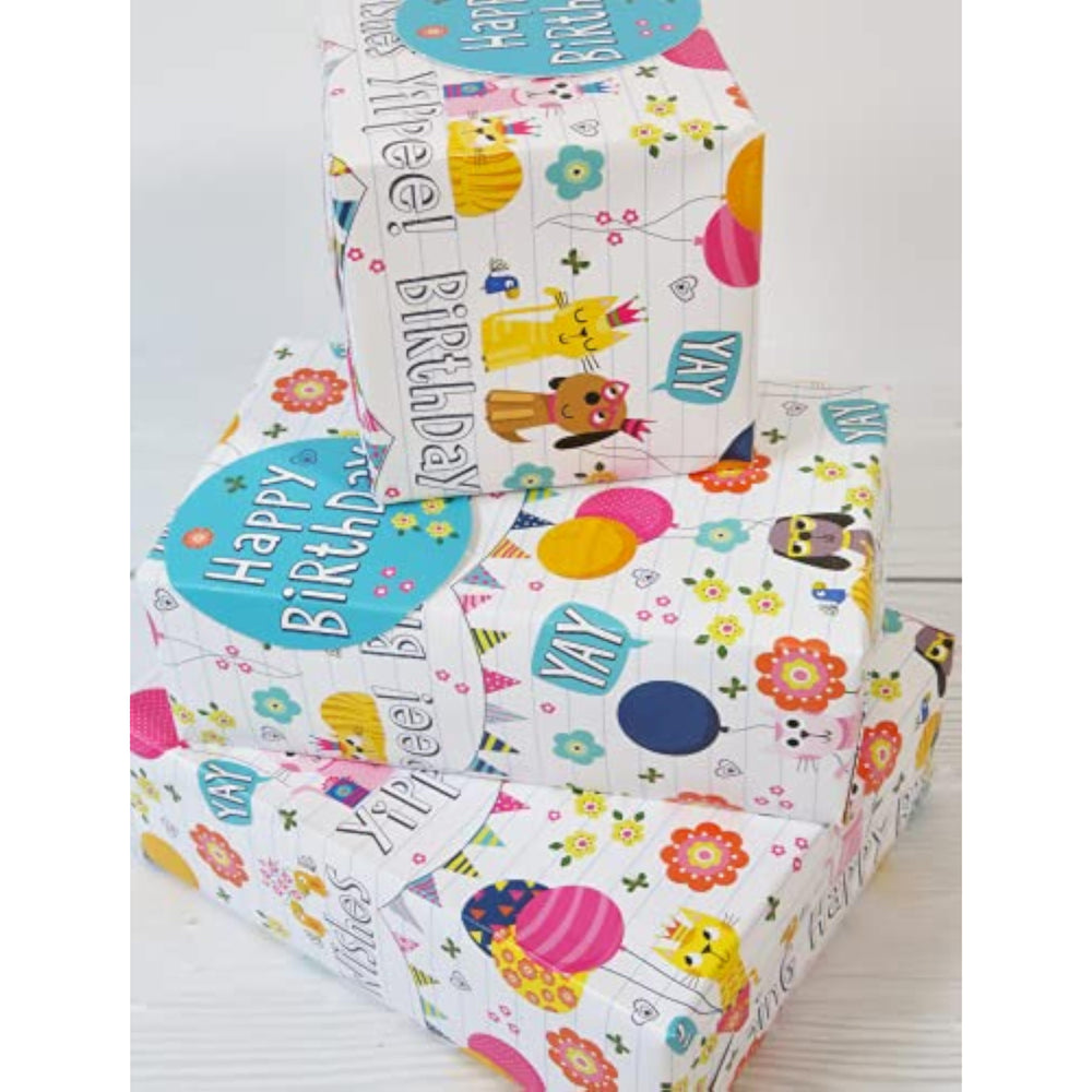 Abacus Cards birthday pets greeting card with colorful animal illustrations, includes 2 gift wrap sheets and 2 matching tags.