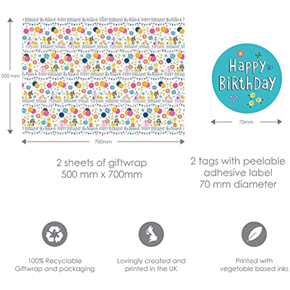 Abacus Cards birthday pet-themed greeting card with gift wrap sheets and tags, featuring colorful animal illustrations and playful design.