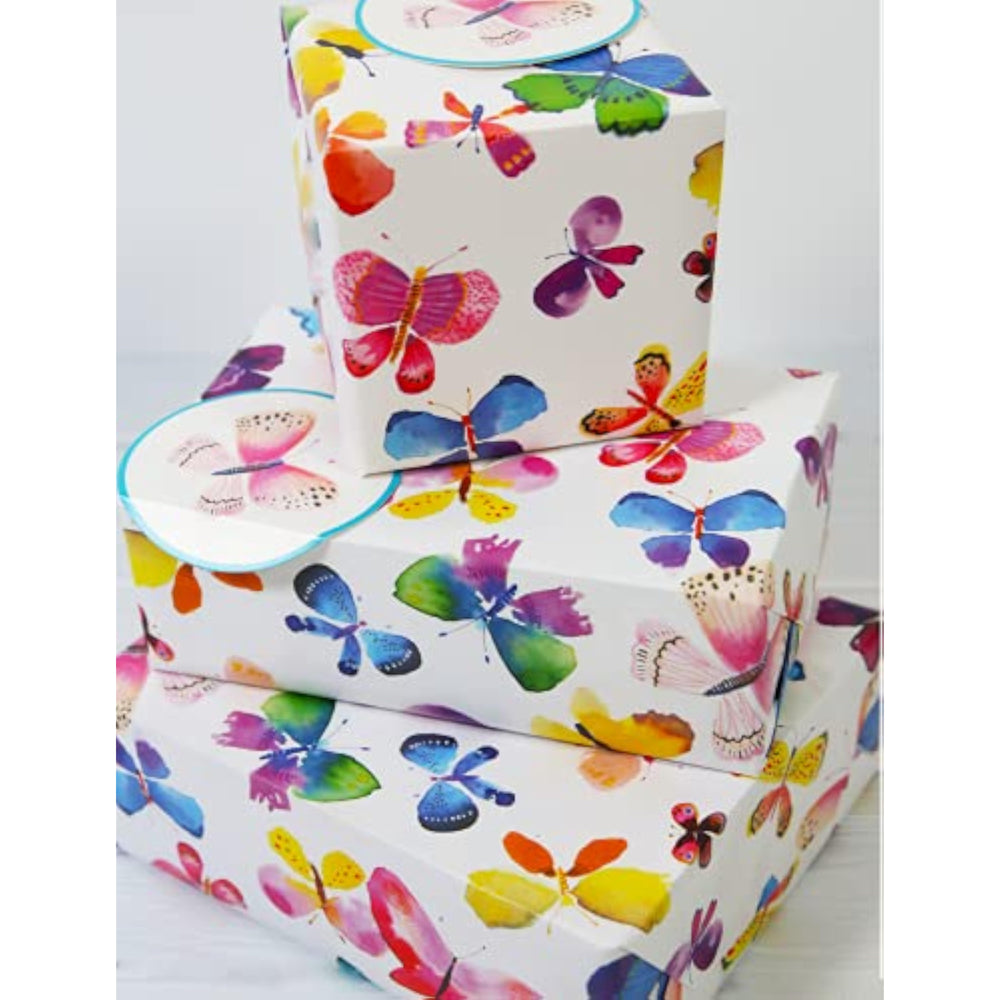 Abacus Cards butterfly-themed gift wrap with 2 sheets, 2 tags, and greeting card featuring colorful butterfly illustrations.