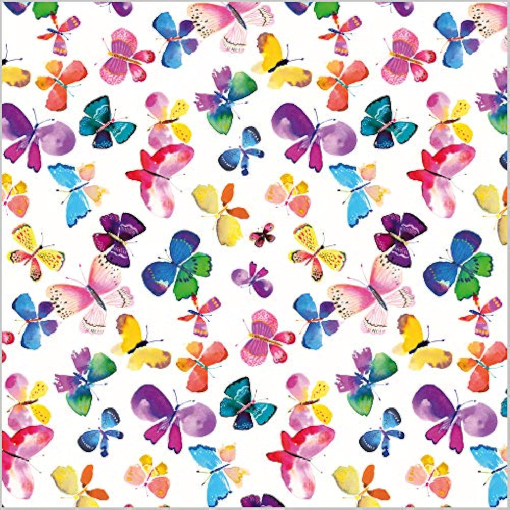 Abacus Cards butterfly-themed greeting card with matching gift wrap sheets and tags, featuring colorful butterfly designs.