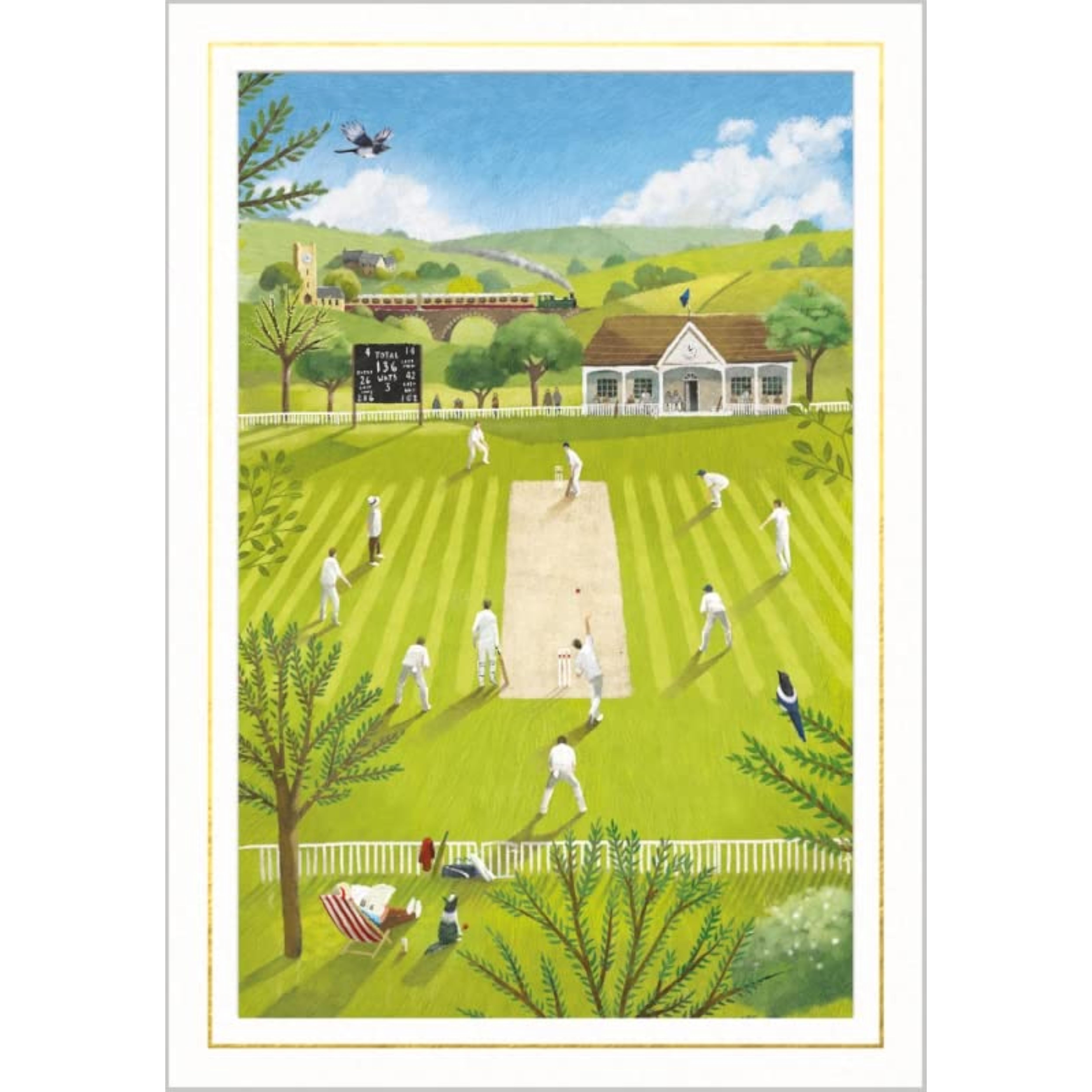 Abacus Cards cricket-themed birthday greeting card from the Pastimes Range, featuring colorful cricket illustrations and festive design.
