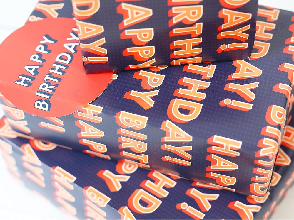 Abacus Cards Happy Birthday greeting card with colorful birthday gift wrap sheets and matching tags, ideal for celebrating occasions.