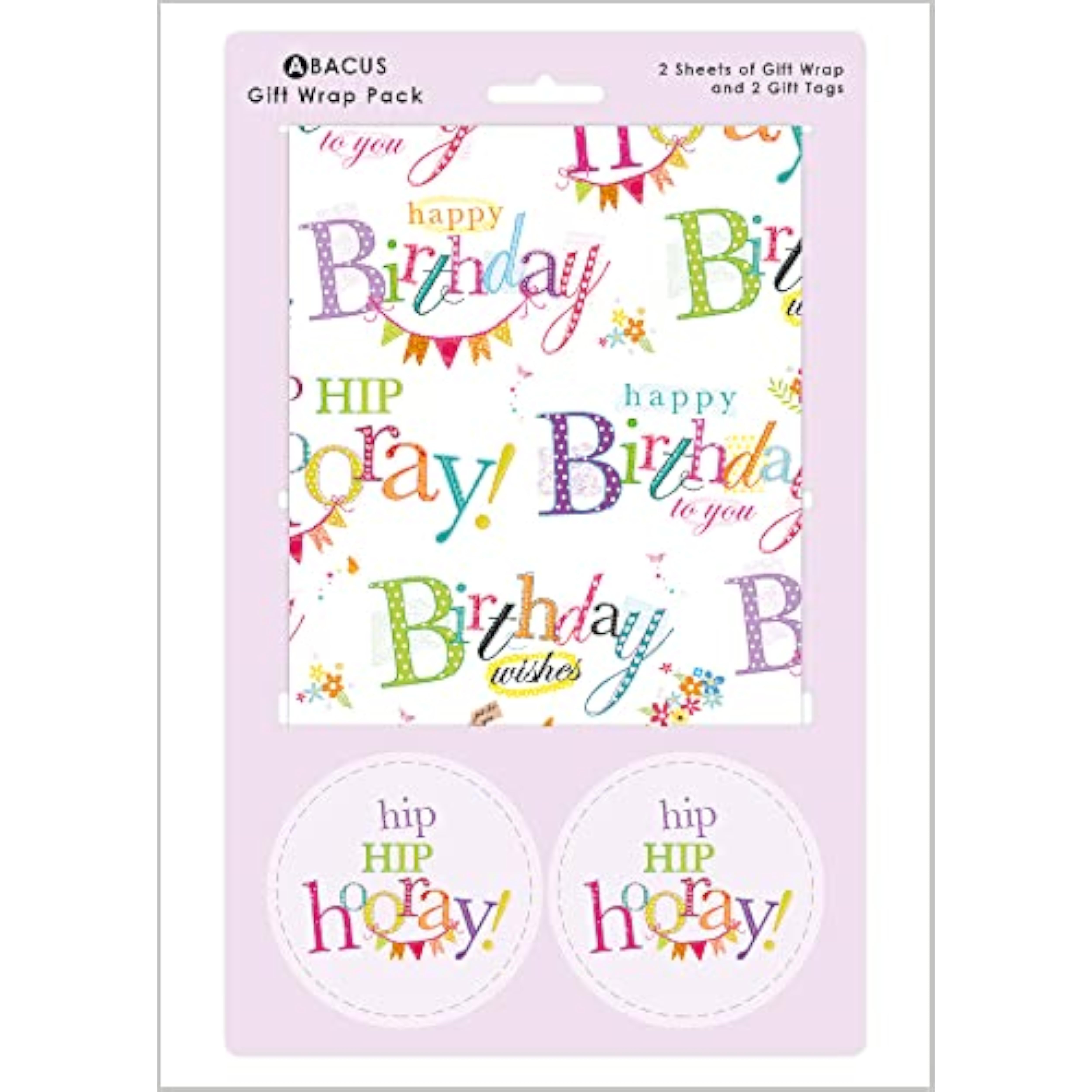 Abacus Cards Happy Birthday greeting card with colorful abacus design, includes gift wrap sheets and matching tags for celebration.