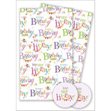Abacus Cards Happy Birthday greeting card with matching gift wrap sheets and tags, featuring colorful celebratory designs.