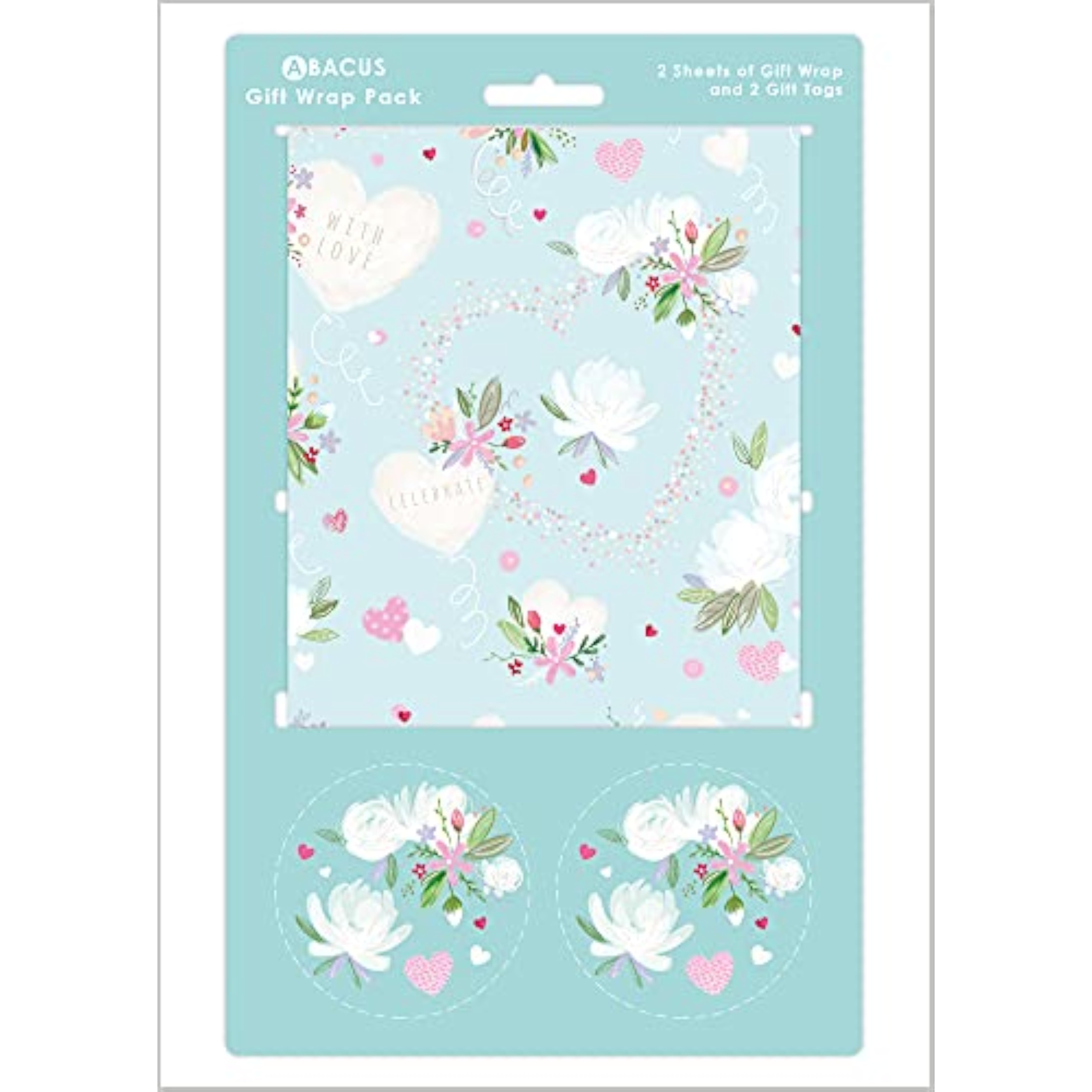 Abacus Cards love heart and flowers greeting card with two sheets and two tags featuring colorful heart and floral designs