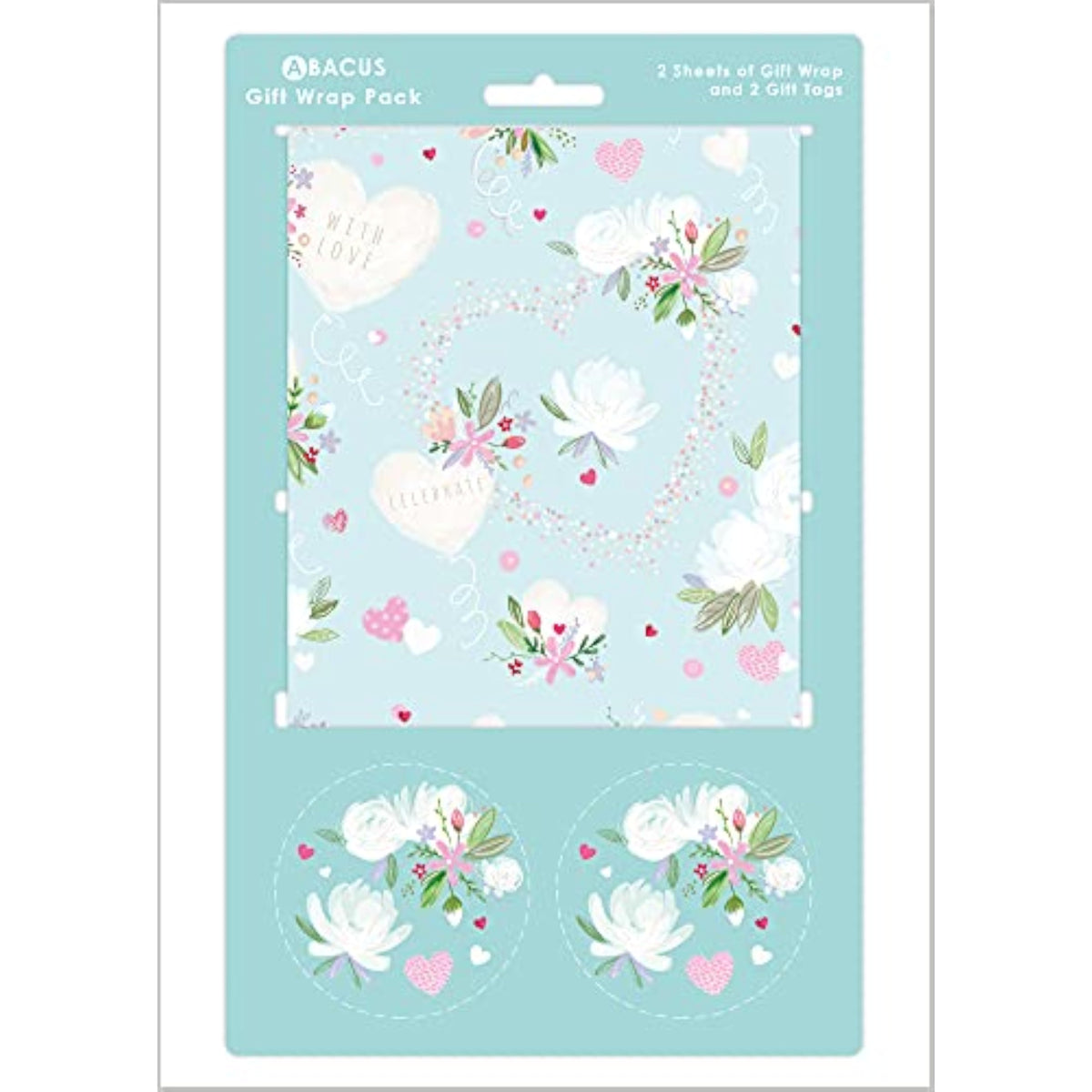 Abacus Cards love heart and flowers greeting card with two sheets and two tags featuring colorful heart and floral designs