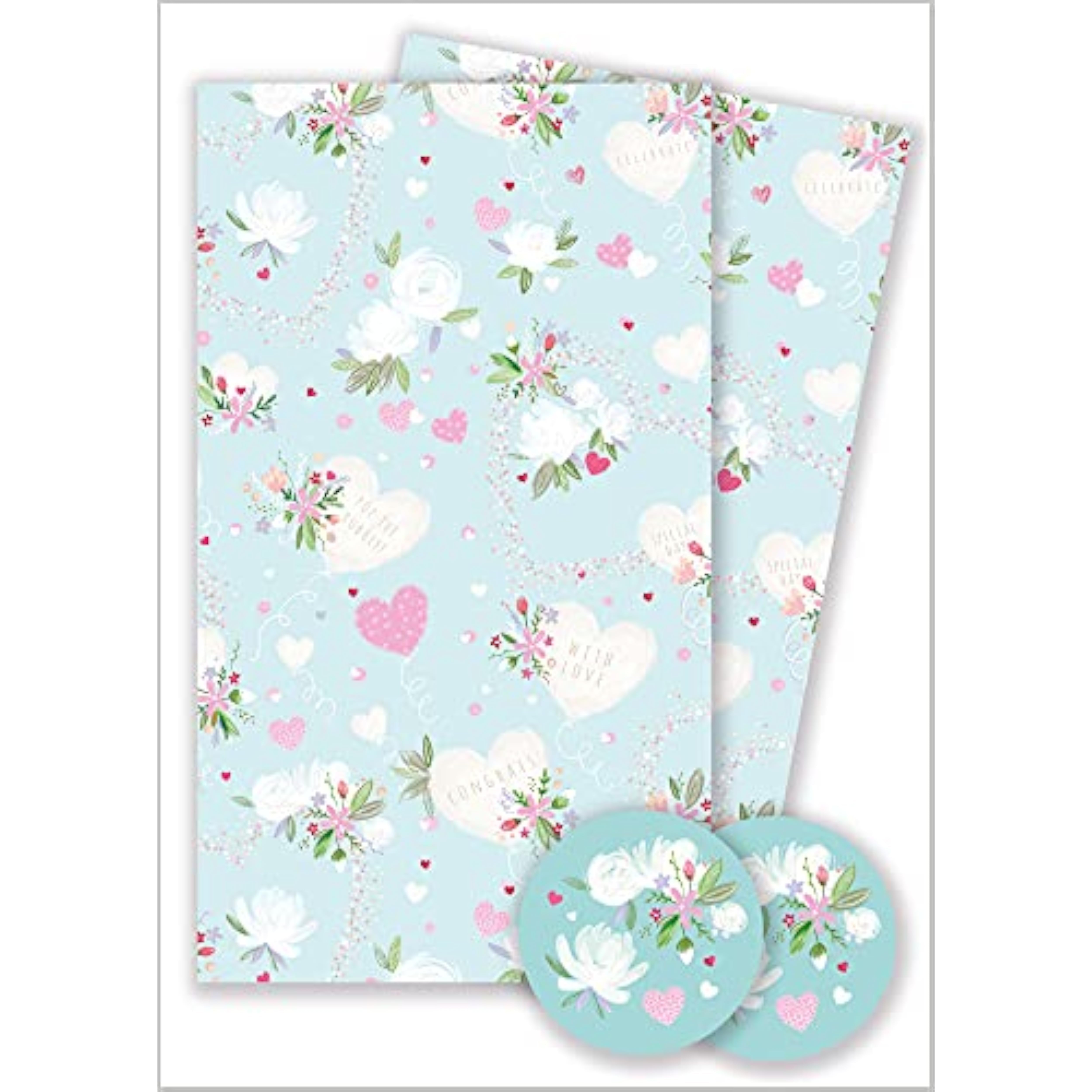 Abacus Cards love heart and flowers greeting card with two sheets and two tags, featuring colorful floral and heart designs.