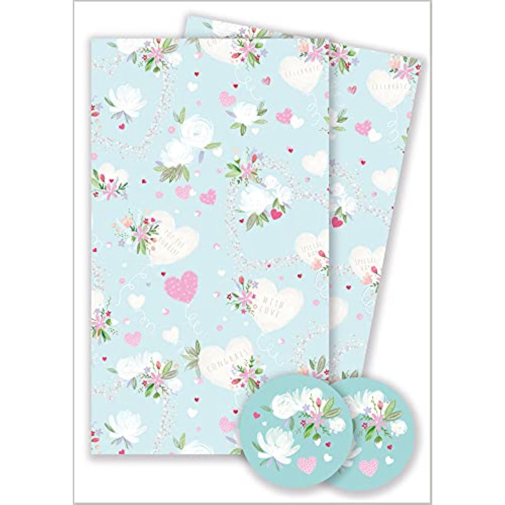 Abacus Cards love heart and flowers greeting card with two sheets and two tags, featuring colorful floral and heart designs.