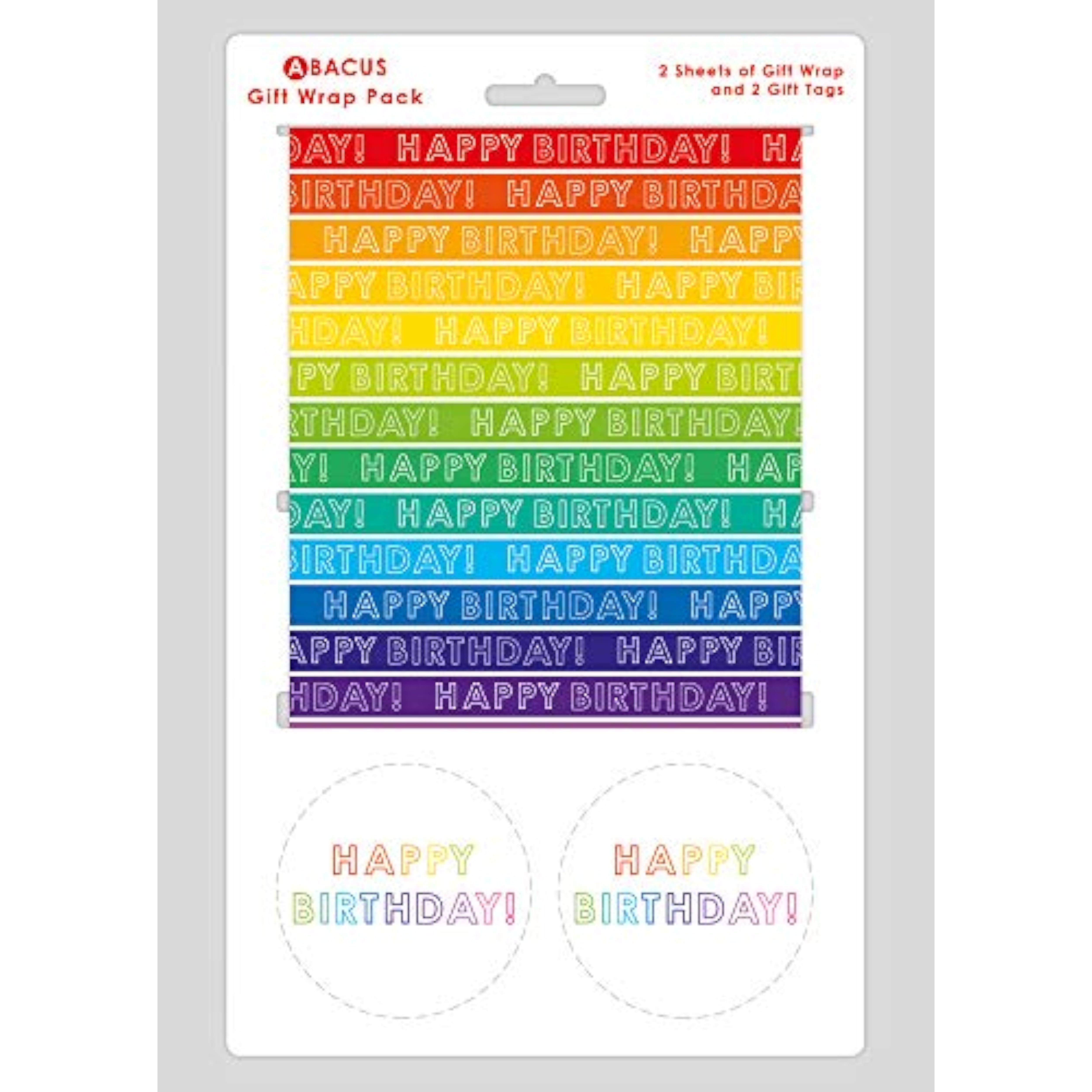 Bright rainbow stripe gift wrap sheets with matching tags and greeting card by Abacus Cards, featuring colorful, cheerful design.