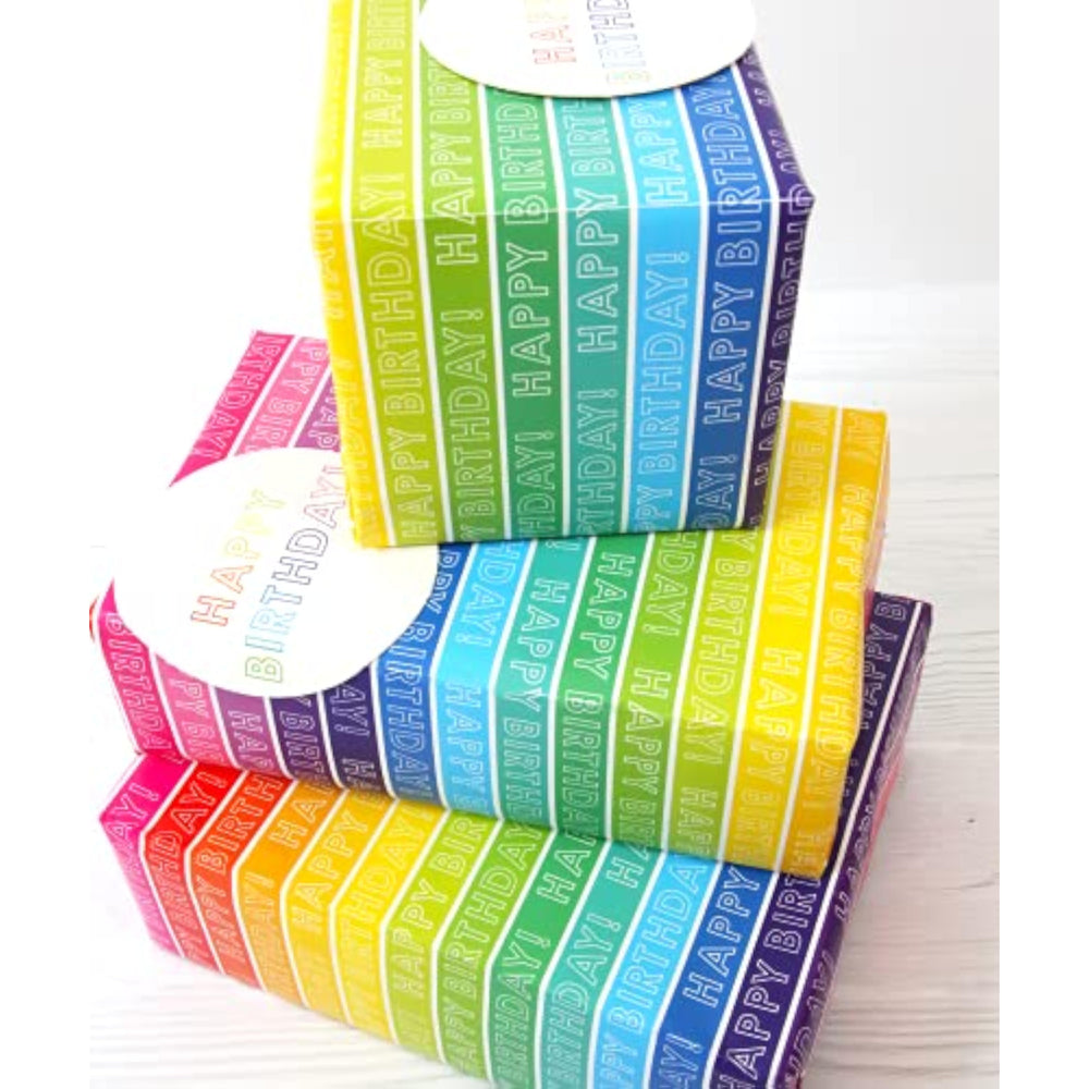 Bright rainbow-striped gift wrap with two sheets and matching tags from Abacus Cards, perfect for wrapping and greeting cards.