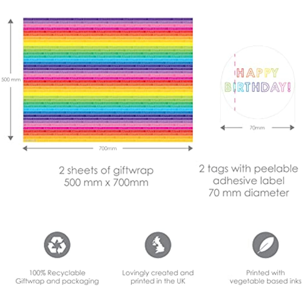 Rainbow stripe gift wrap sheets and matching tags from Abacus Cards, featuring cheerful, colorful design for greeting gift packaging.