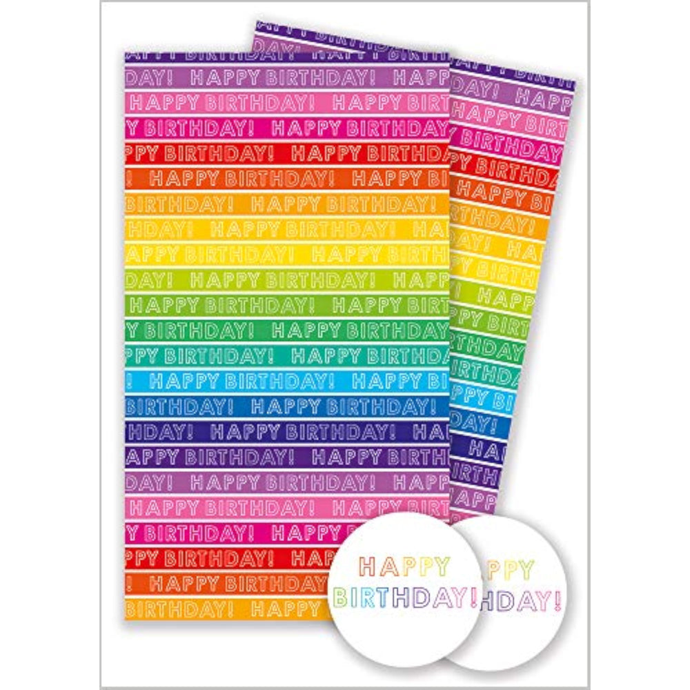 Abacus Cards rainbow stripe gift wrap with two sheets and two matching tags, featuring cheerful, colorful design for gift presentation.
