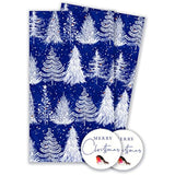 Abacus Cards Trees greeting card featuring two sheets and two tags with colorful tree illustrations on a white background.