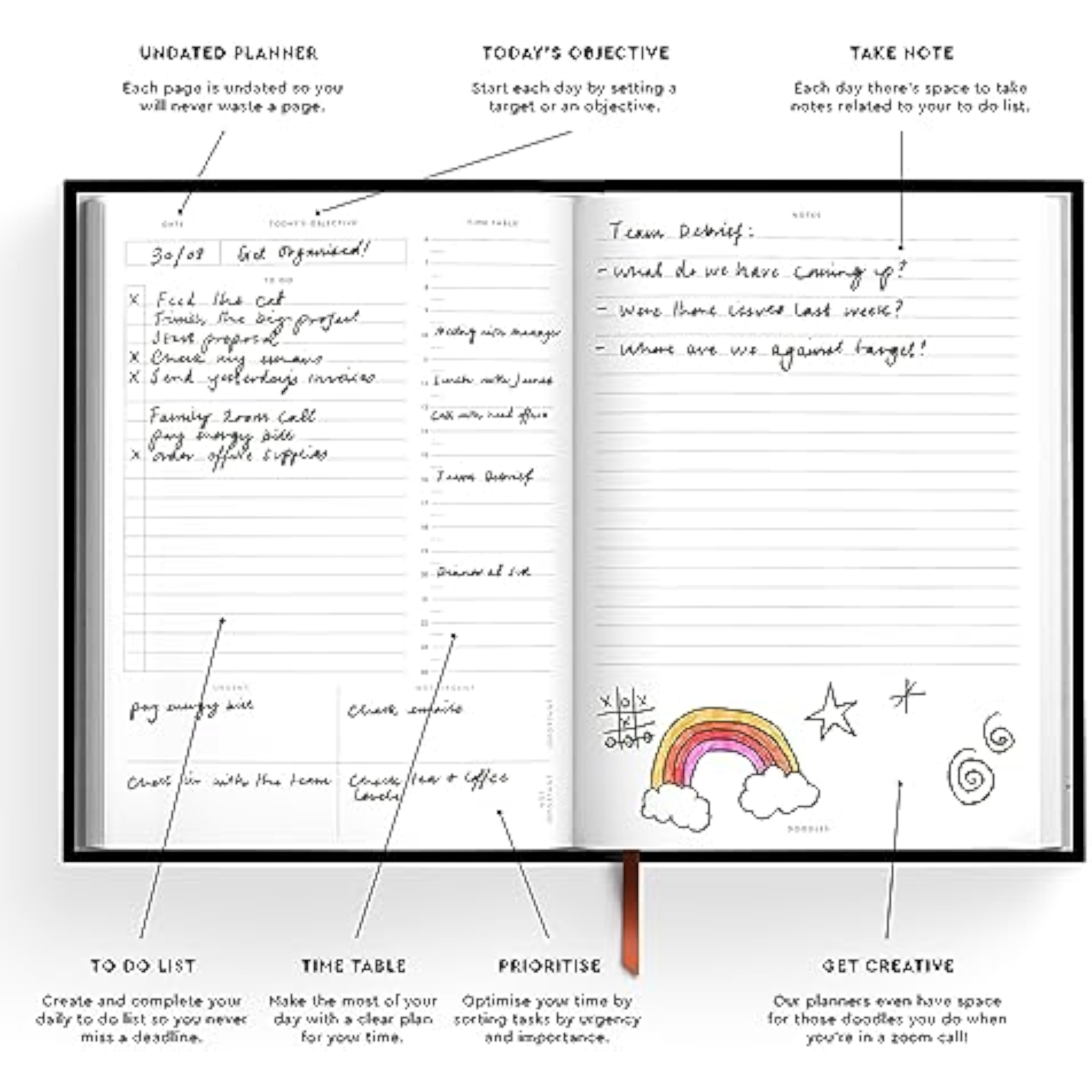 Ohh Deer Daily Planner Notebook A5-288 Page Undated Organiser Journal Notebook - To Do Book, Hourly Schedule Planner, Notes Page - A5 Undated Diary for New Job or University - Sea Teal