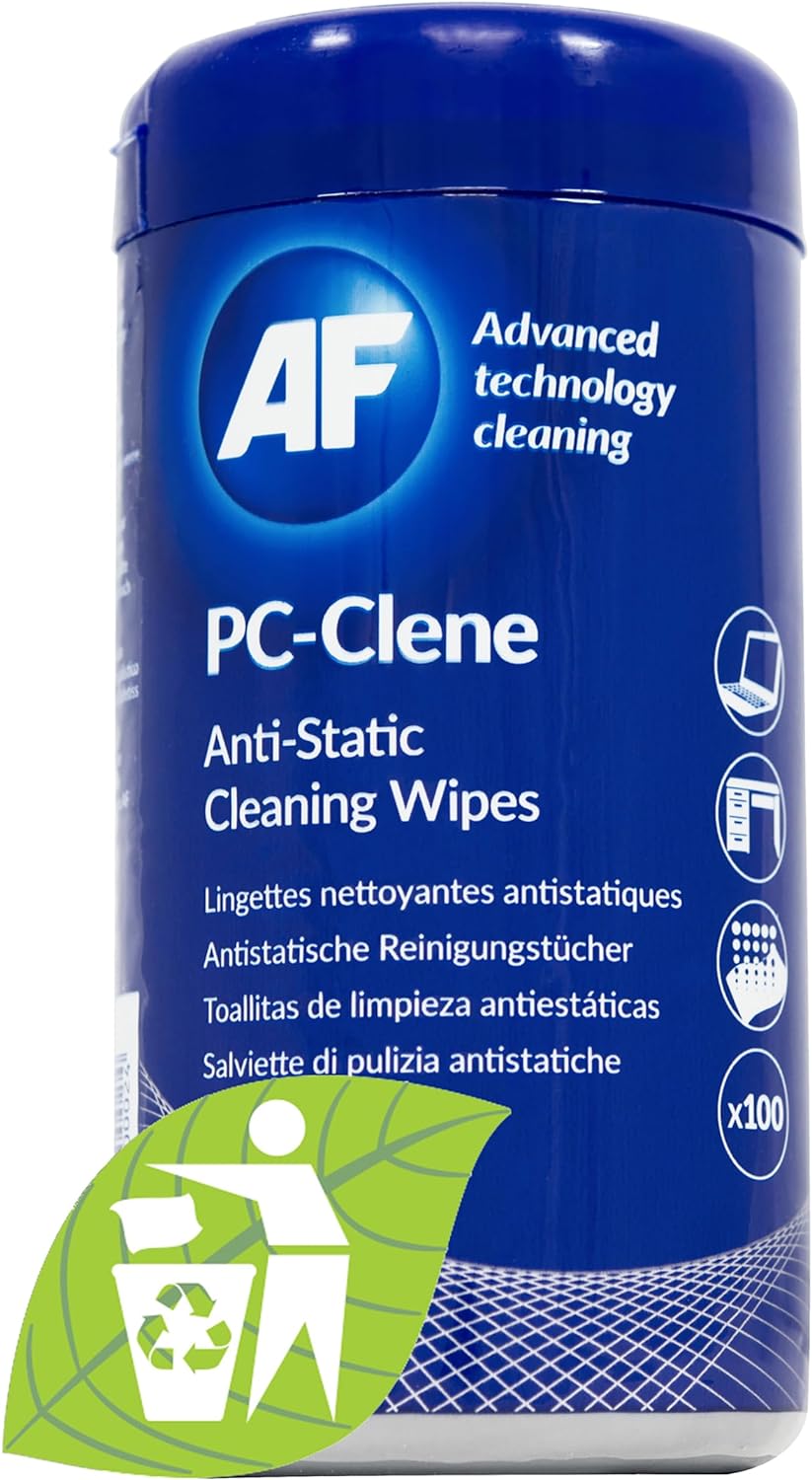 AF Anti-Static PC Cleaning Wipes shown, soft cloths designed to remove static and dust from computer screens and components.