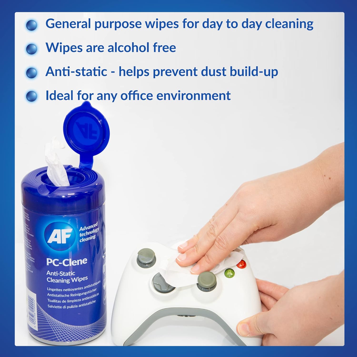 AF Anti-Static PC Cleaning Wipes shown in open package, designed for removing dust and static from computer screens and components.