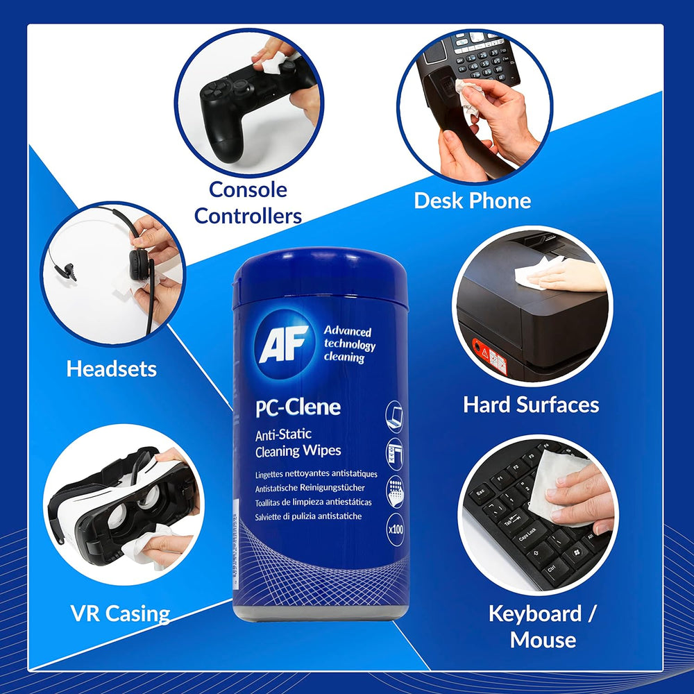AF Anti-Static PC cleaning wipes shown in a package, designed for removing static and dust from computer screens and components.