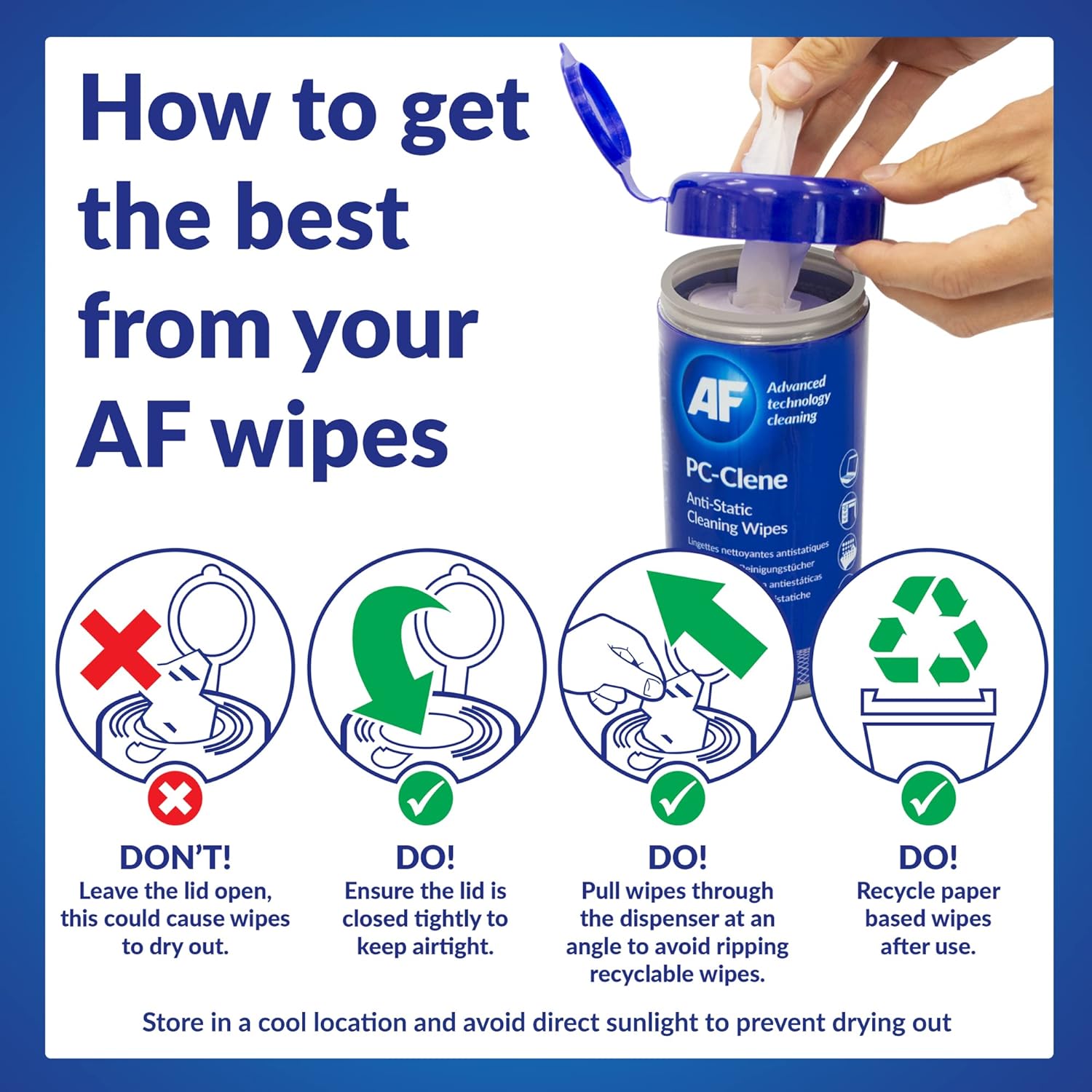 AF Anti-Static PC Cleaning Wipes shown in a resealable package, designed to safely clean and remove static from computer screens and electronics.