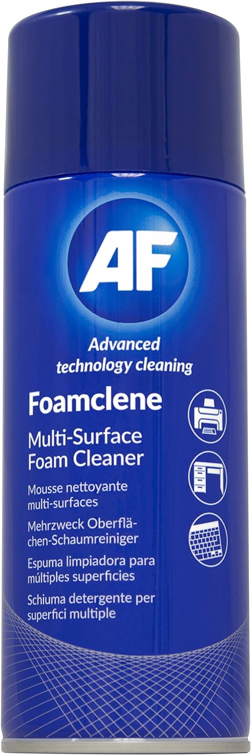 AF Foamclene anti-static foaming cleaner spray on a surface, perfect for desks, whiteboards, carpets, upholstery, and car interiors.