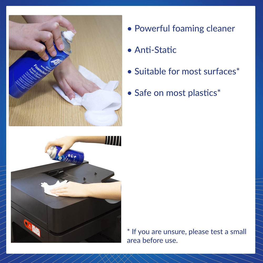 AF Foamclene anti-static foaming cleaner spray for surfaces, desks, whiteboards, carpet, upholstery, cars, and rubber.
