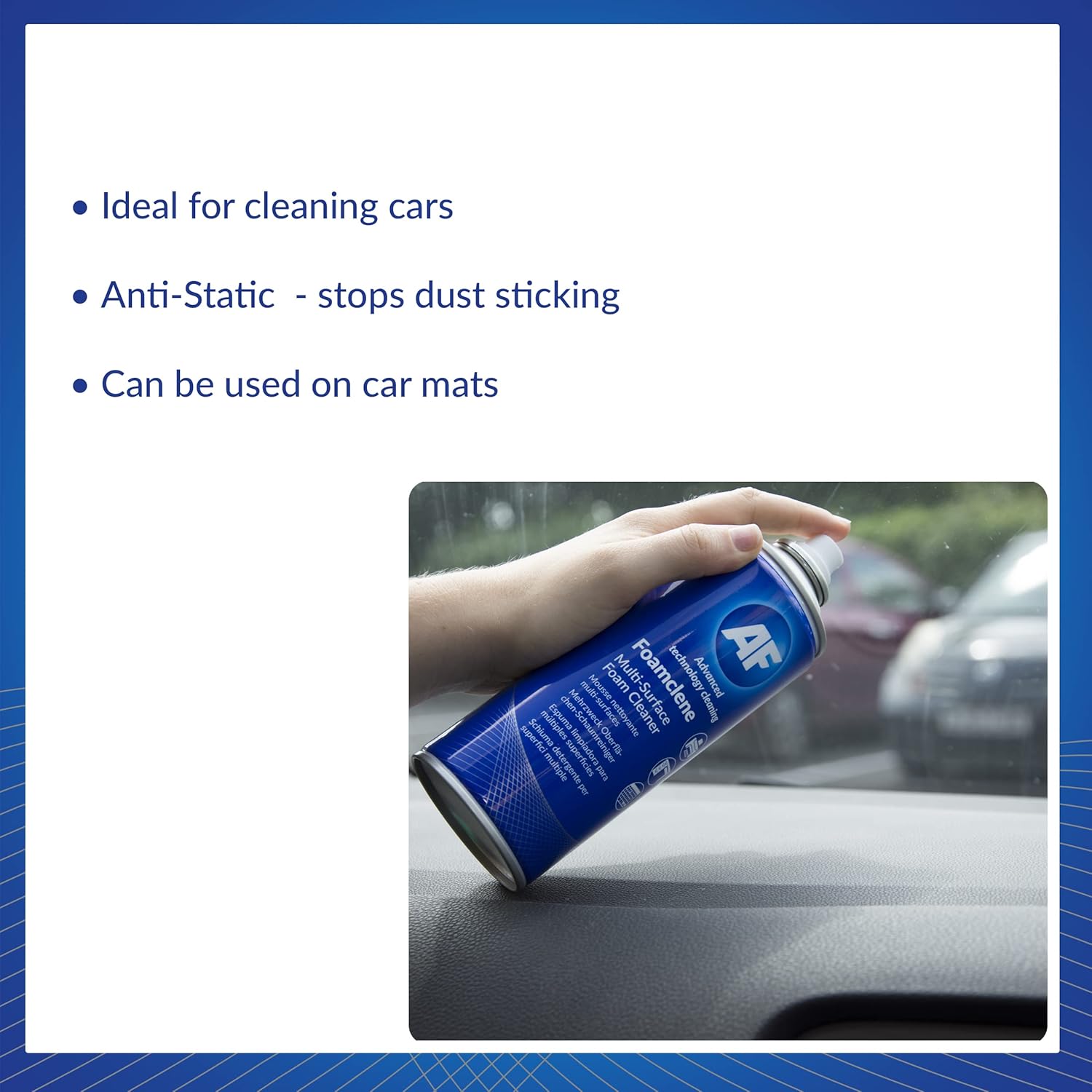 AF Foamclene anti-static foaming cleaner spray on a white surface, ideal for desks, whiteboards, carpets, upholstery, and car interiors.