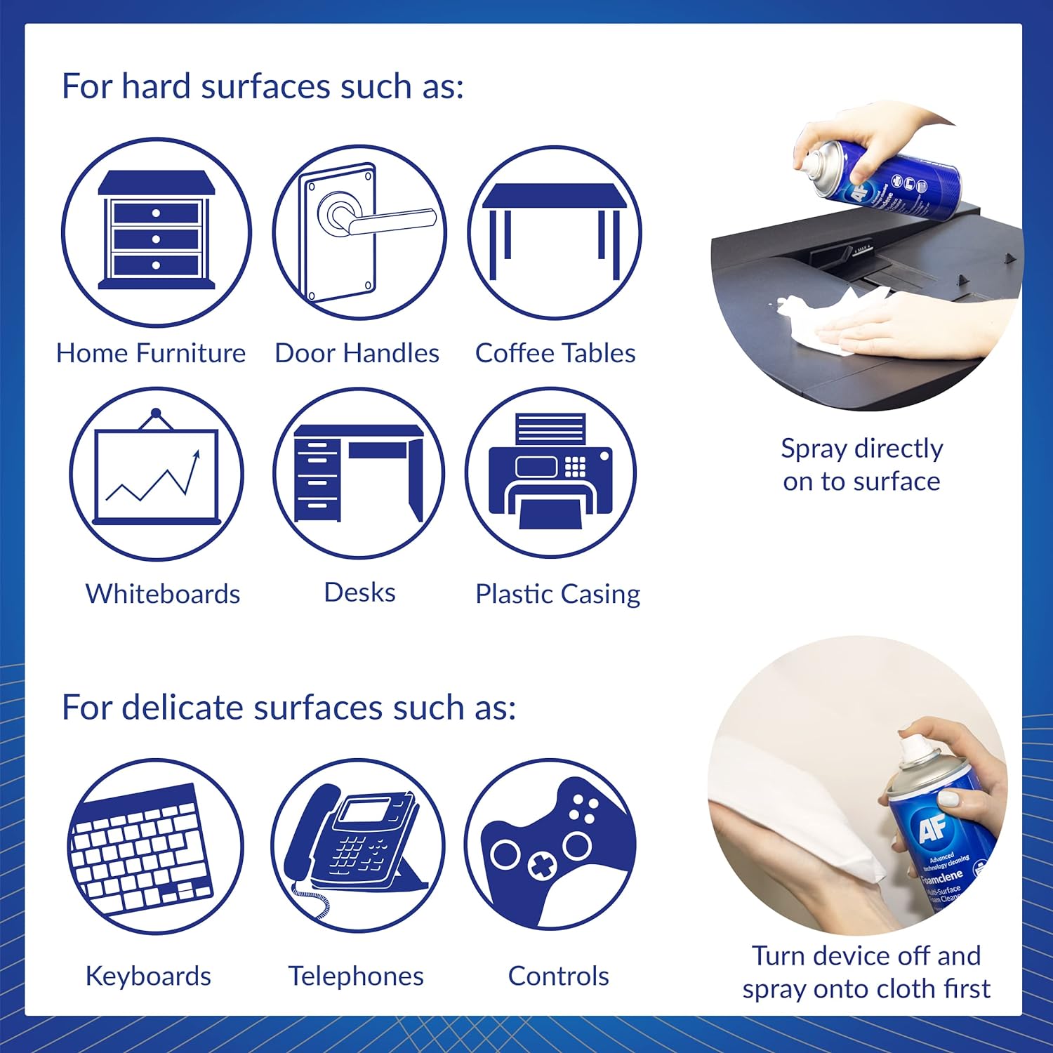 AF Foamclene anti-static foaming cleaner spray applied to a desk surface, suitable for whiteboards, carpets, upholstery, and cars.